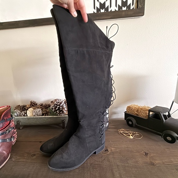 Torrid Black Over the Knee Boots with Lace-Up Detail - Picture 1 of 4